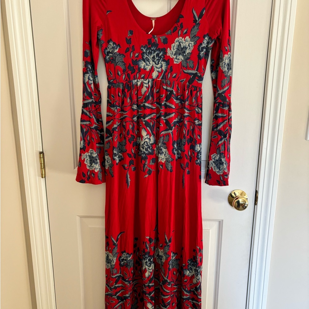 Free People Red and Blue Floral Long Sleeve Dress